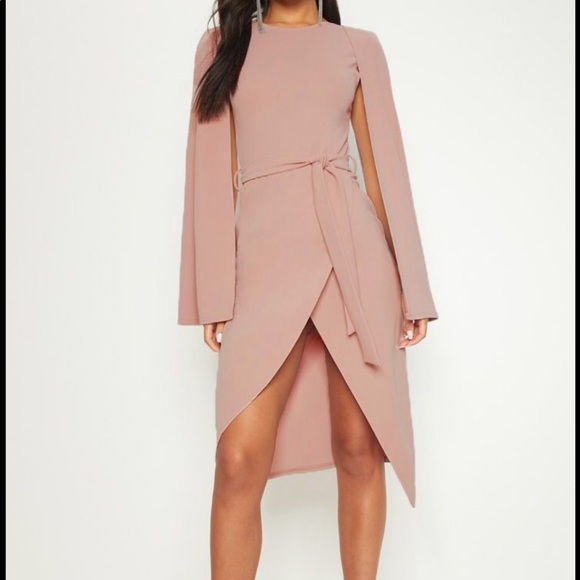 dusty pink cape style wrap midi dress
